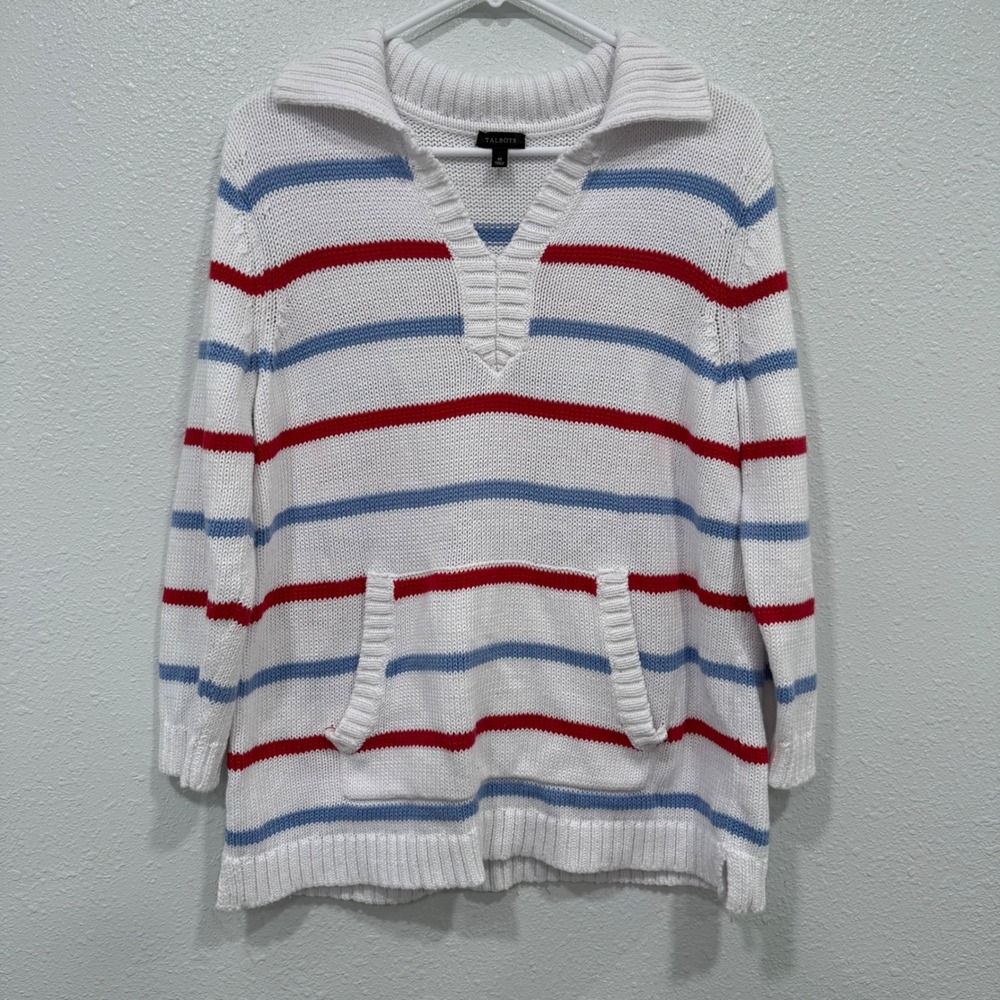 Talbots Womens Striped Shaker Knit Sweater Red Blue White Polo Collar M CN5342